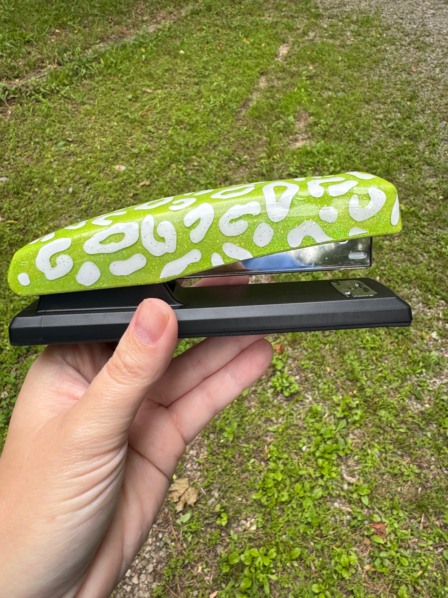 Green leopard print stapler