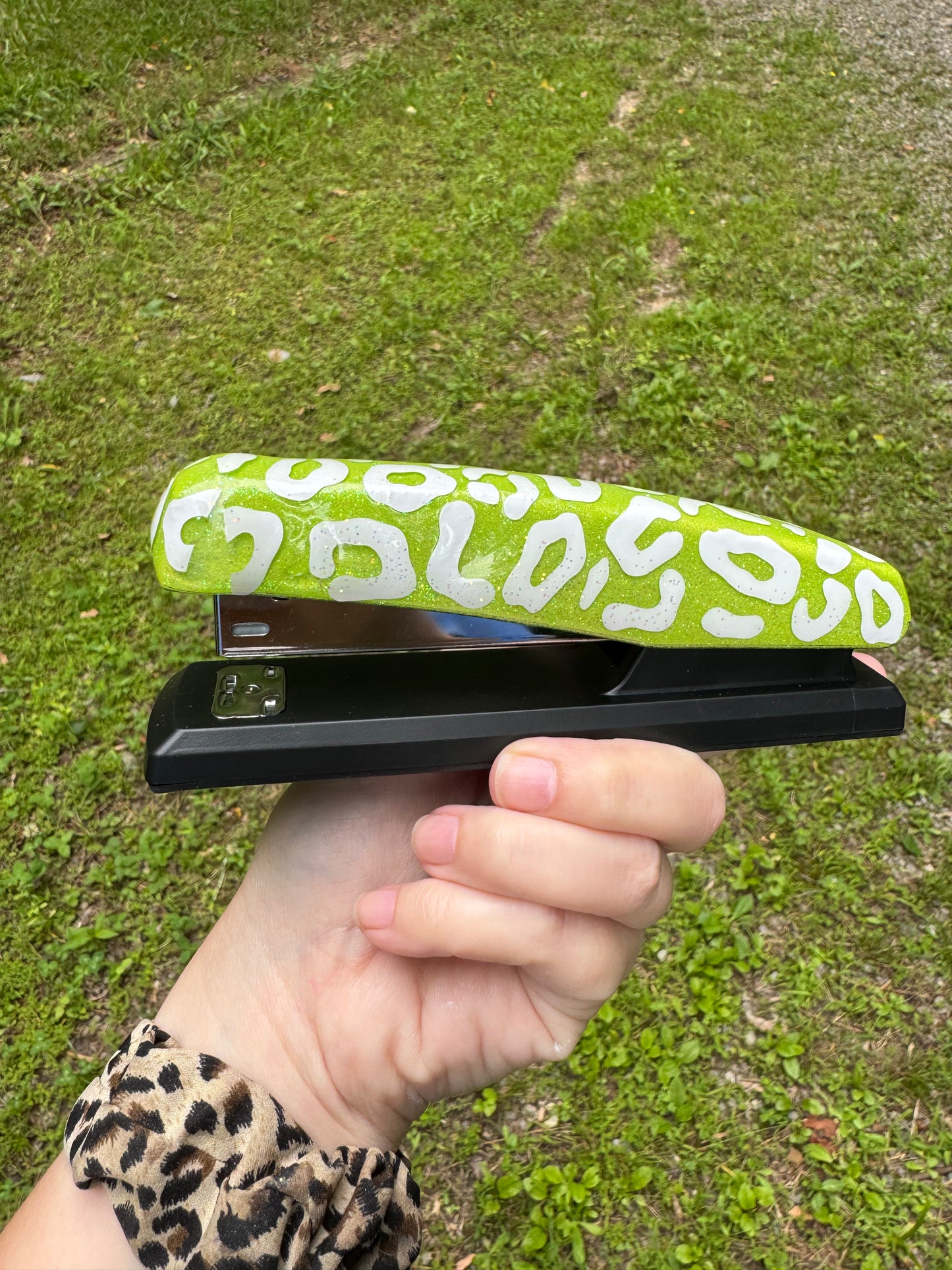 Green leopard print stapler